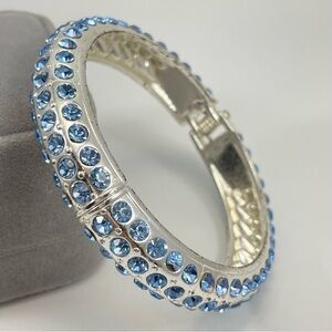 Silver Tone Blue Rhinestone Clamper Bangle Hinged Bracelet Sparkly Classic Cute